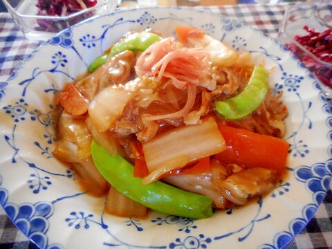 砂糖さやと白菜豚肉のあんかけ固焼きそば